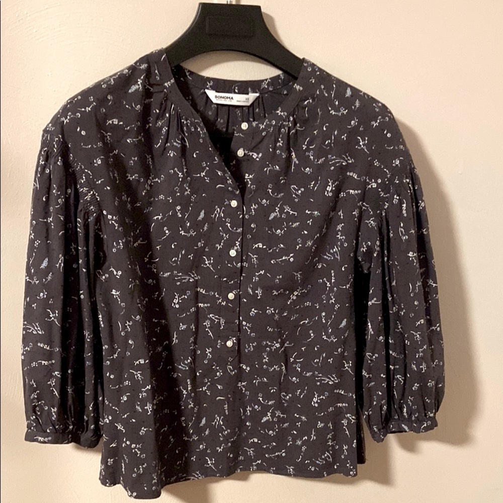 Sonoma Gray Relaxed Button Down Blouse with Henley neckline XS
